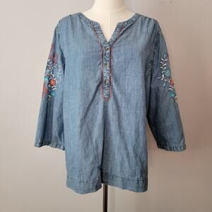 Chicos Chambray Embroidered Top 3/4 Sleeve Cottage Country Cowgirl Artsy 4 XXL?
